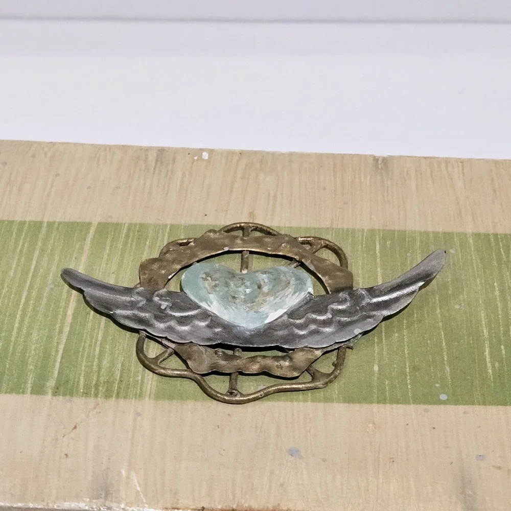 Vintage Style Boho Wooden Trinket Box with Lid Embellished Wing Heart